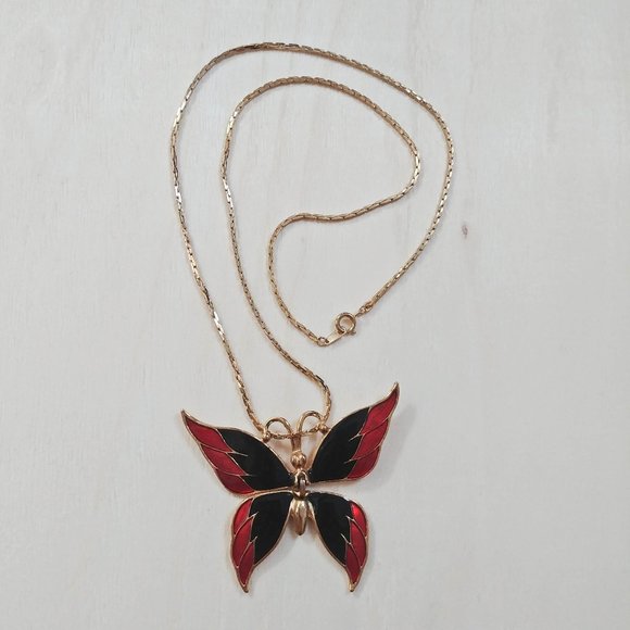 70s Vintage Long Necklace With Butterfly Pendant - Picture 1 of 4